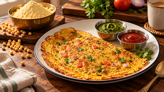 Besan ka chilla with crisp edges and green chutney
