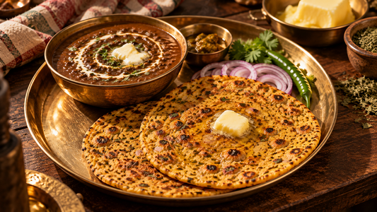 Punjabi missi roti with dal makhani and white butter