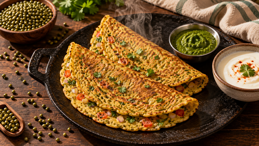 Soft moong dal chilla with green chutney and curd