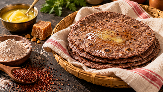 Soft ragi rotis brushed with ghee, served with jaggery