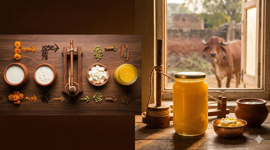 Bilona Ghee made from native desi cow milk — deep golden colour, traditional hand-churned