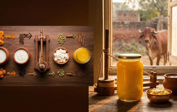 Bilona Ghee made from native desi cow milk — deep golden colour, traditional hand-churned