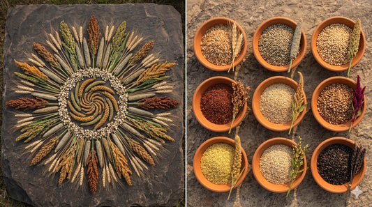 Ancient grains of India — khapli wheat, bajra, jowar, ragi, amaranth arranged artistically