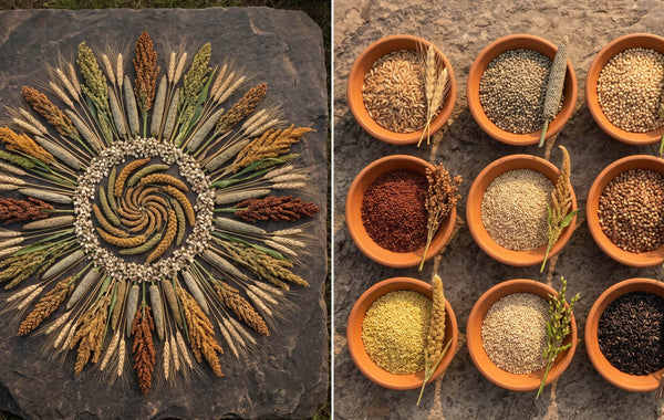 Ancient grains of India — khapli wheat, bajra, jowar, ragi, amaranth arranged artistically