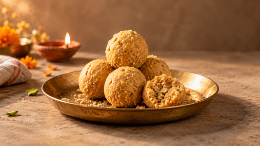 Danedar besan ladoos on a brass plate with a diya