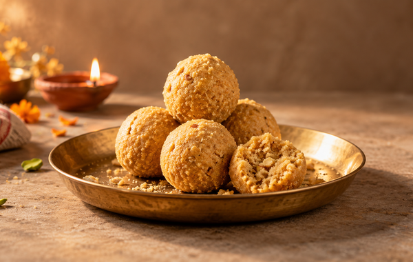 Danedar besan ladoos on a brass plate with a diya