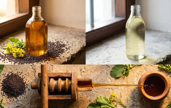 Cold pressed kachi ghani mustard oil vs refined oil — natural colour and nutrition comparison
