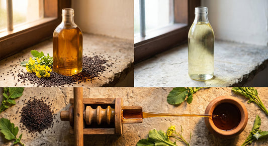 Cold pressed kachi ghani mustard oil vs refined oil — natural colour and nutrition comparison