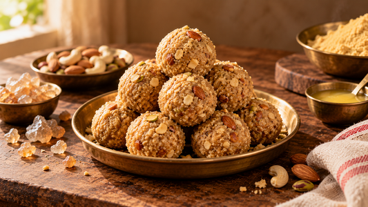 Gond ke laddu on a brass plate with dry fruits