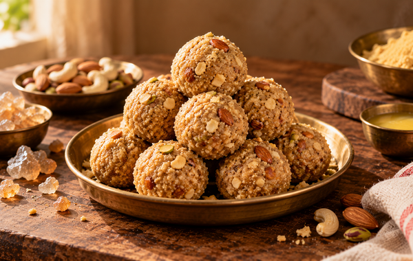 Gond ke laddu on a brass plate with dry fruits