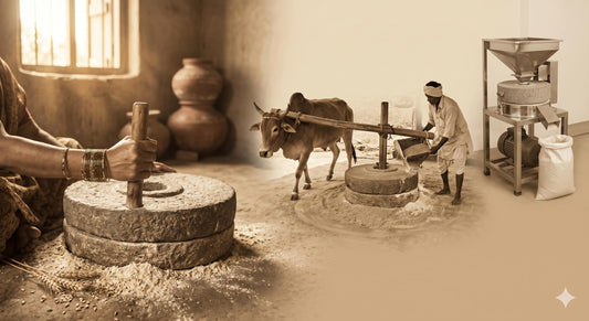 Traditional Indian chakki stone mill — 5000 year history of fresh flour grinding