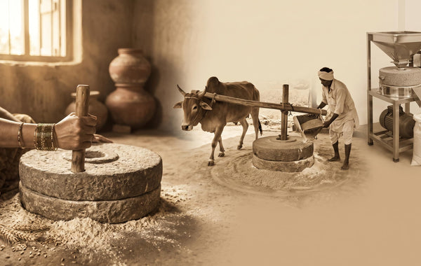 Traditional Indian chakki stone mill — 5000 year history of fresh flour grinding