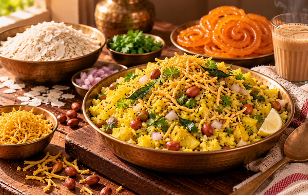 Indori poha with sev and jalebi