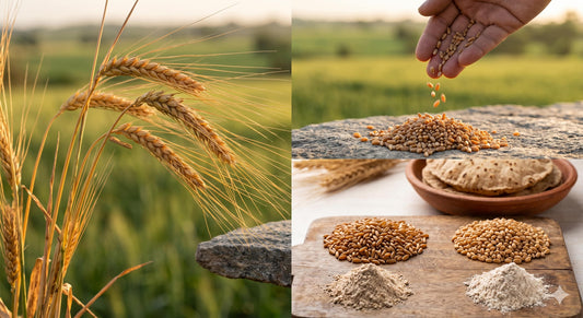 Khapli emmer wheat grains — ancient Indian grain with low GI and high fibre