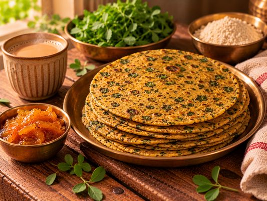 Methi thepla stack with mango pickle and chai