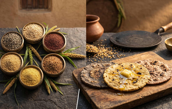 Complete millets guide India — bajra, jowar, ragi, foxtail millet in traditional bowls