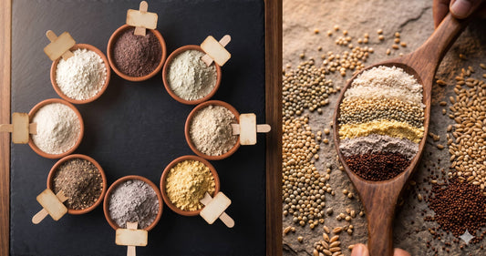 Different types of Indian atta and flour varieties — wheat, ragi, bajra, jowar, besan arranged in bowls