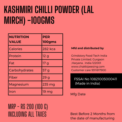 Kashmiri chiili powder( lal mirch)- Nutrition Values