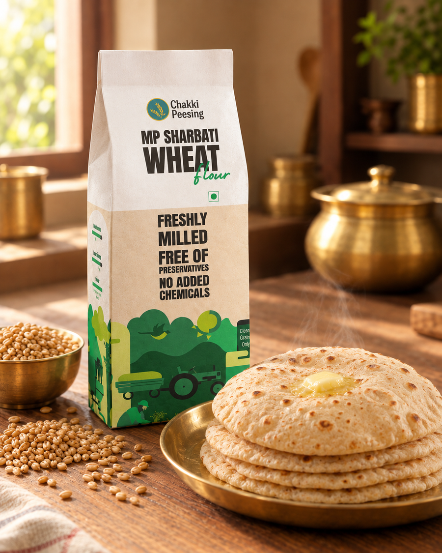 Chakki Peesing MP Sharbati wheat flour pack with fresh rotis